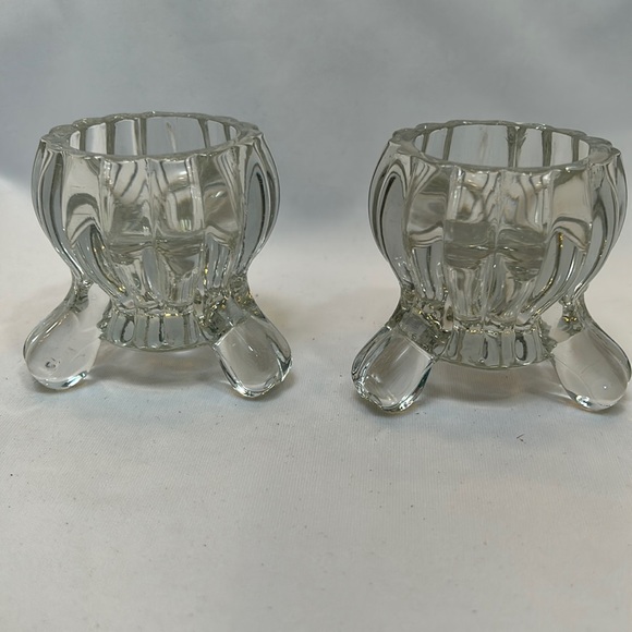 Jeanette Glass National Pattern Clear Footed Ribbed Candle Holder Pair - Picture 1 of 8